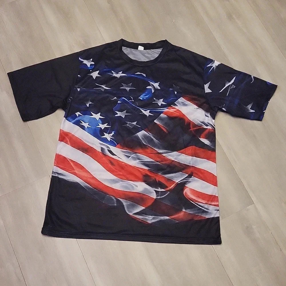 🛍Mens Patriotic American Flag Black Short Sleeve Round Neck Jersey Tee 2XL